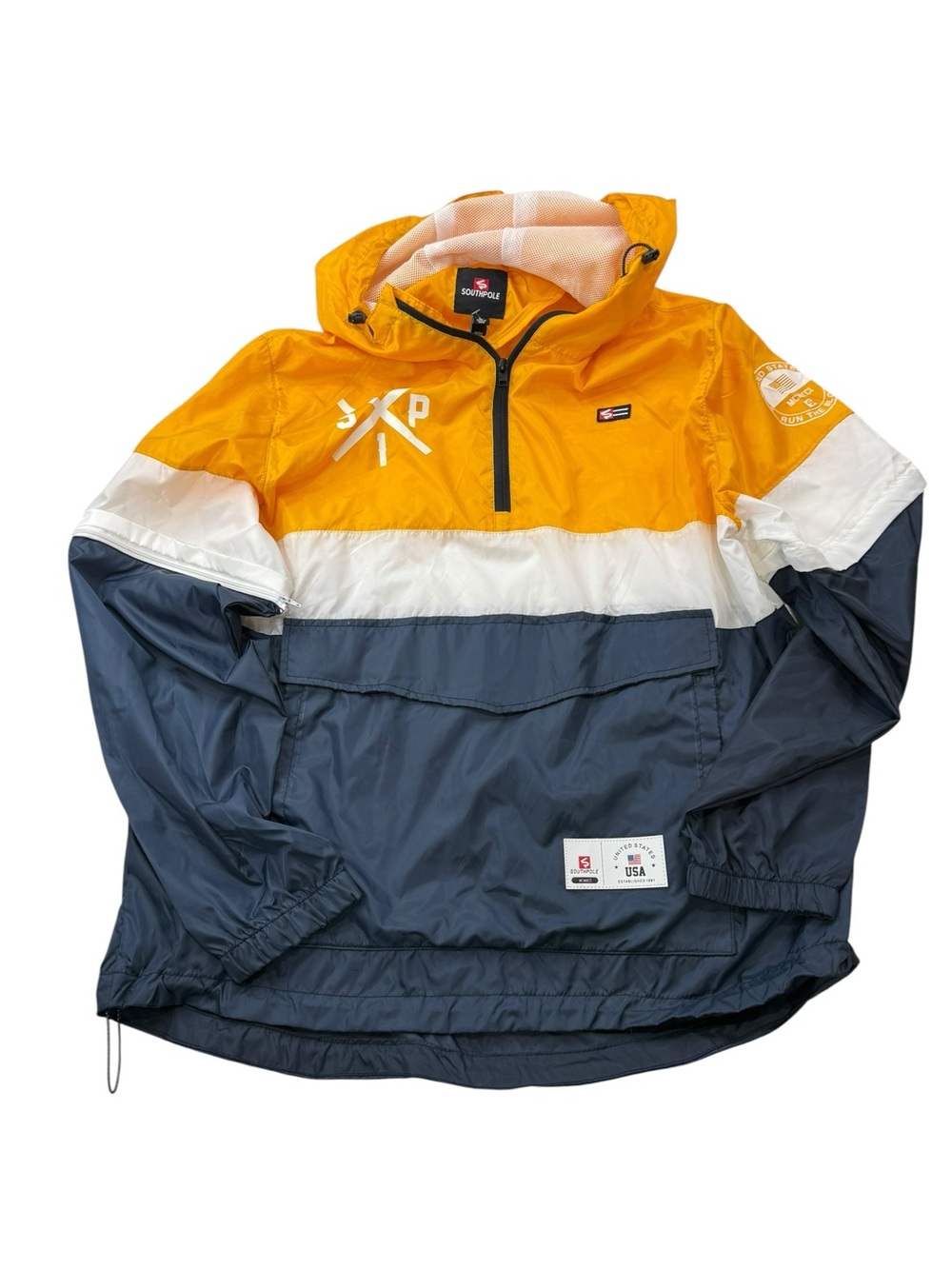 South Pole Mens Yellow White Navy Hooded Windbreaker Utility Size Large NEW